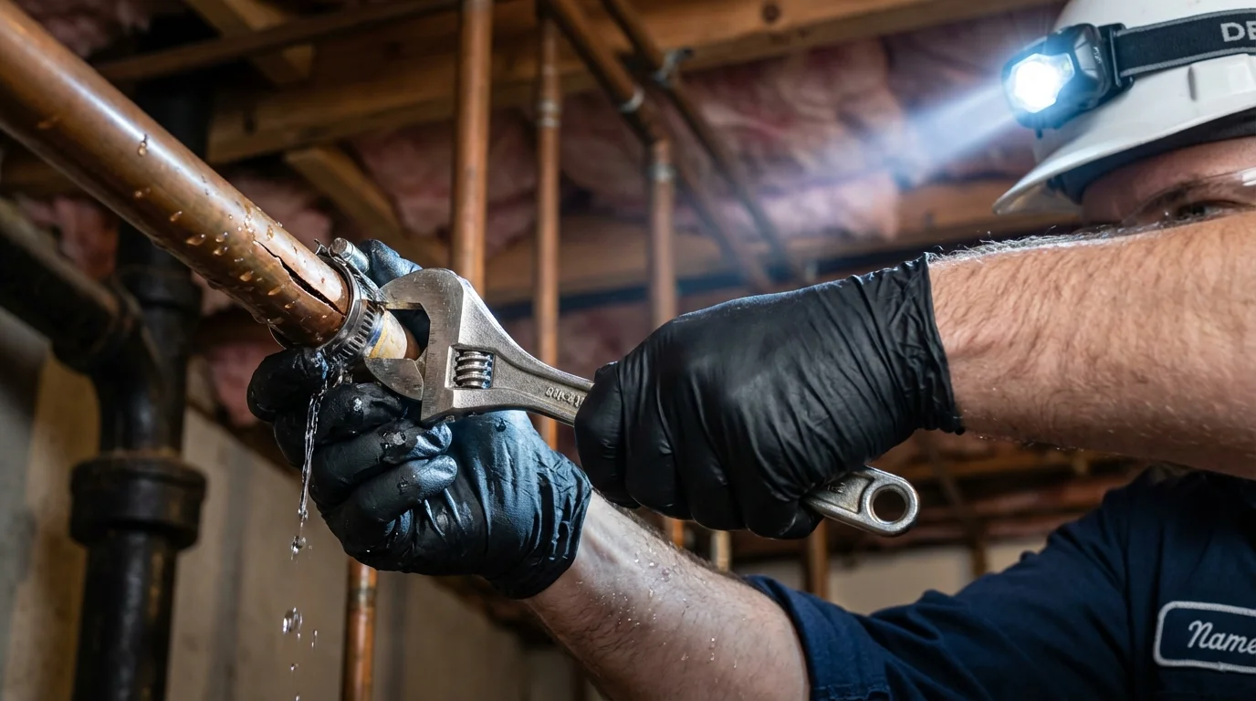 Emergency pipe clamp repair being performed by a Johns Plumbing LLC plumber in Saint Johns