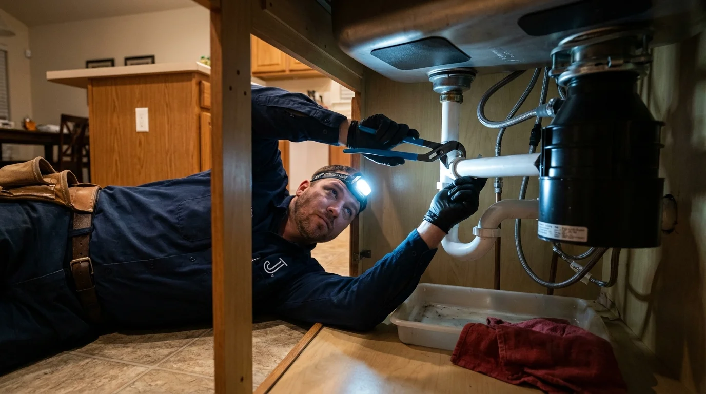 P-trap and supply line connections under a kitchen sink showing a common leak point in Saint Johns, MI